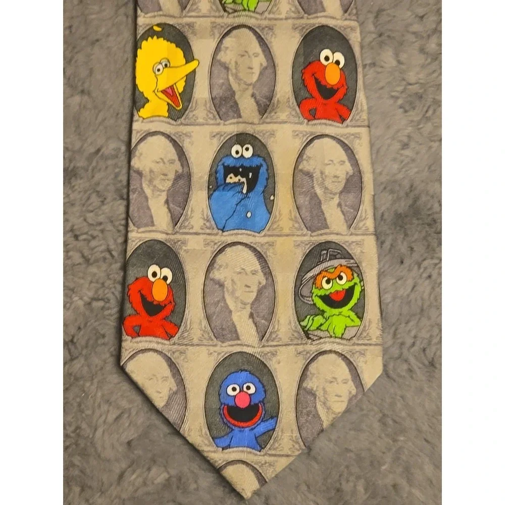 Vintage Sesame Street Dollar Bill Silk Tie Elmo Cookie Monster Novelty Money 90s